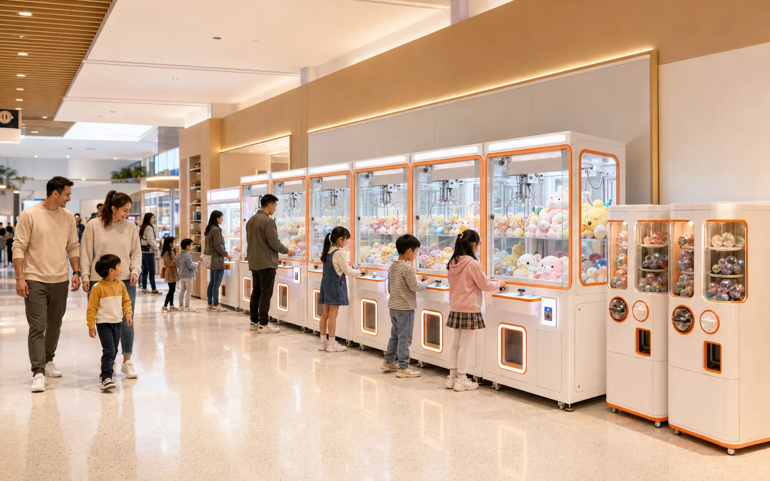 Families using a coordinated claw machine and capsule vending lineup in a bright entertainment venue