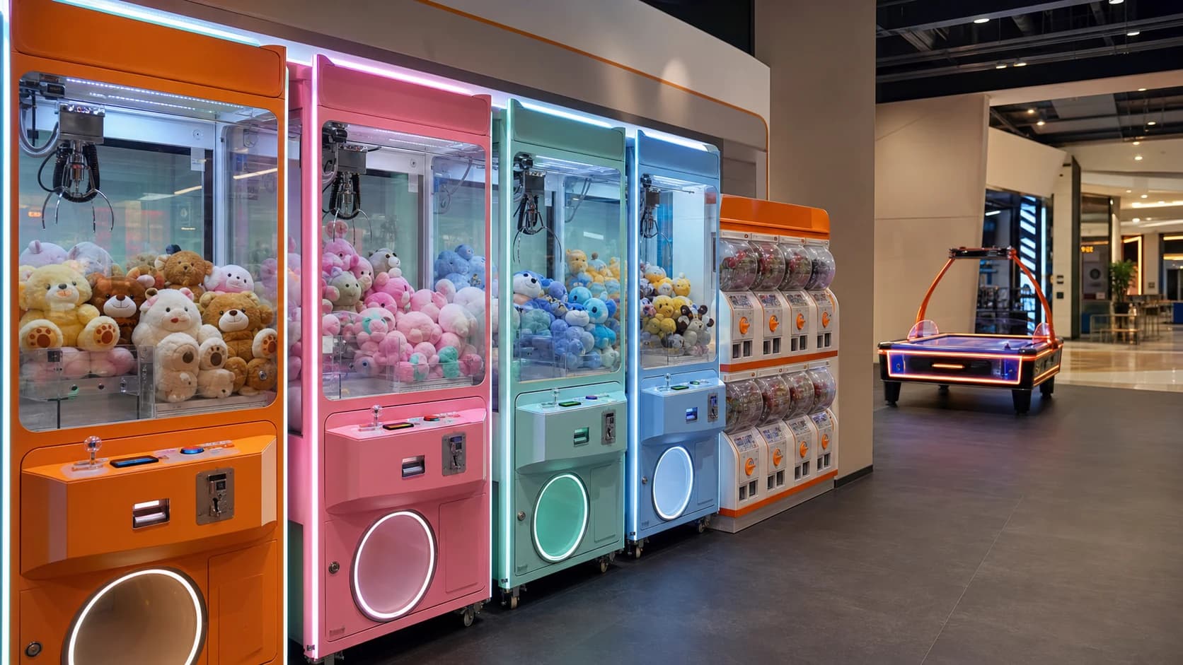 Concept visualization of a family entertainment center with claw machines, capsule vending and air hockey