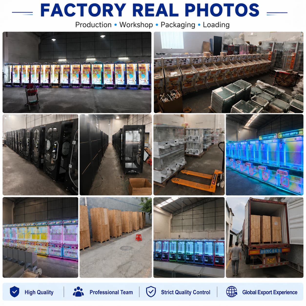 Factory photo board showing amusement machine production, workshop assembly, wooden-case packaging and container loading