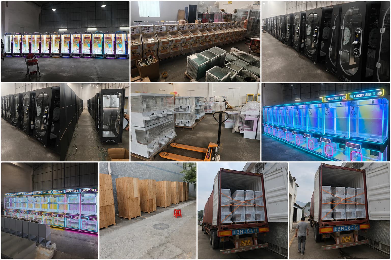 LAISITER claw machine production, assembly, export wooden cases and container loading in Guangzhou