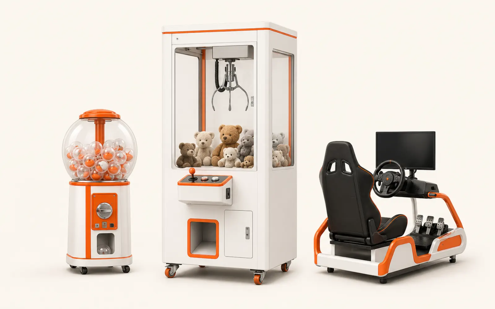 Commercial claw machine, capsule vending machine and racing simulator