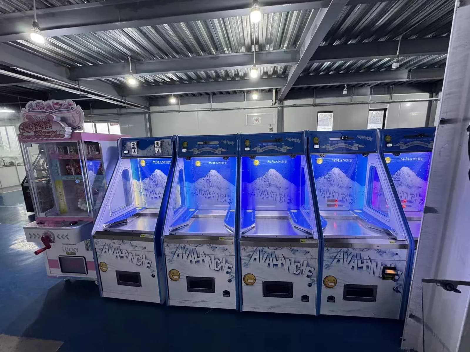 Lineup of coin pusher machines in the factory