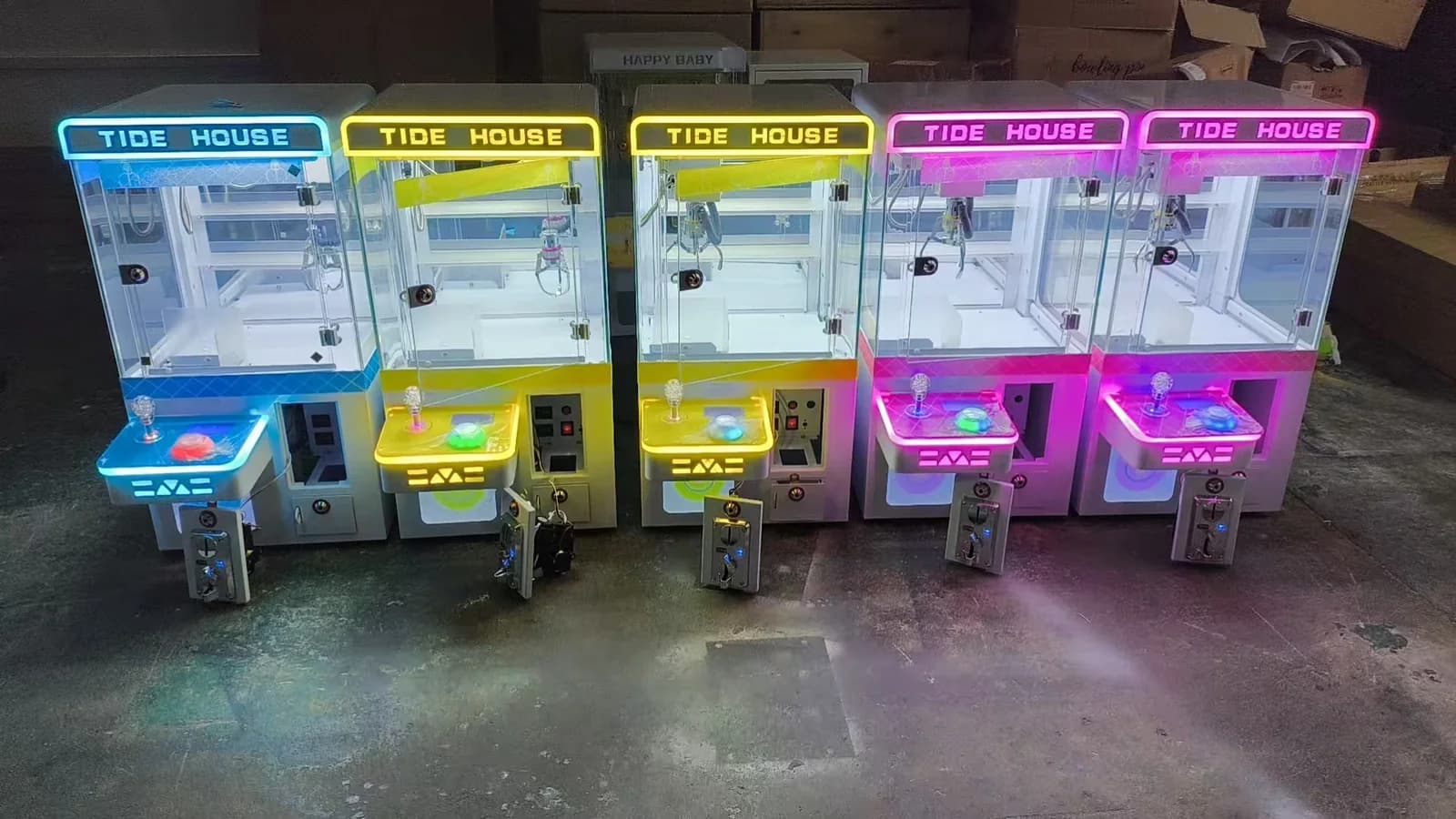 Factory lineup of compact mini claw machines