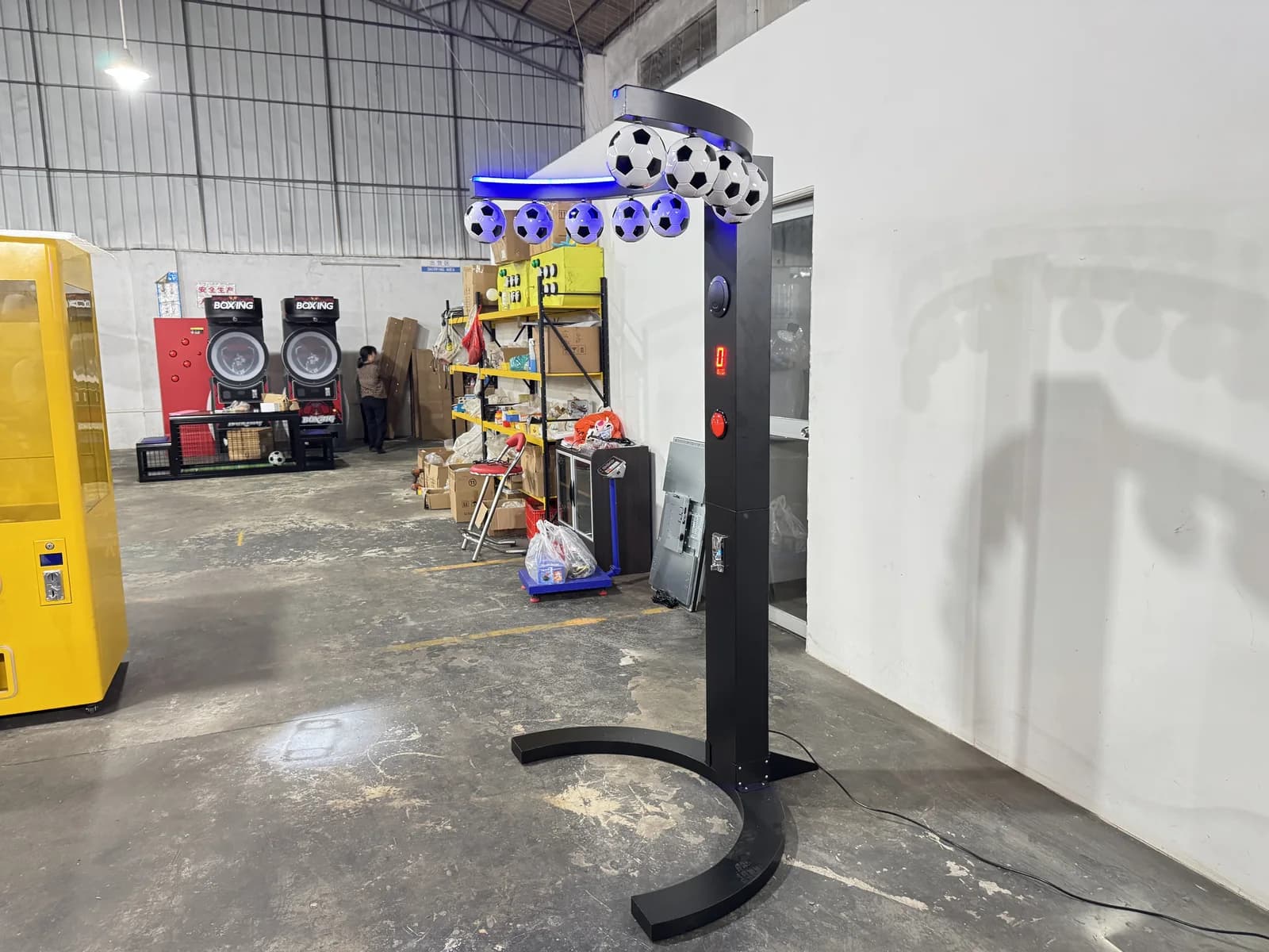 Hanging ball reaction game photographed on the factory floor
