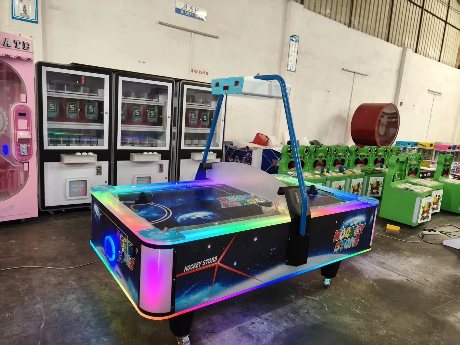 Commercial air hockey tables on the factory floor
